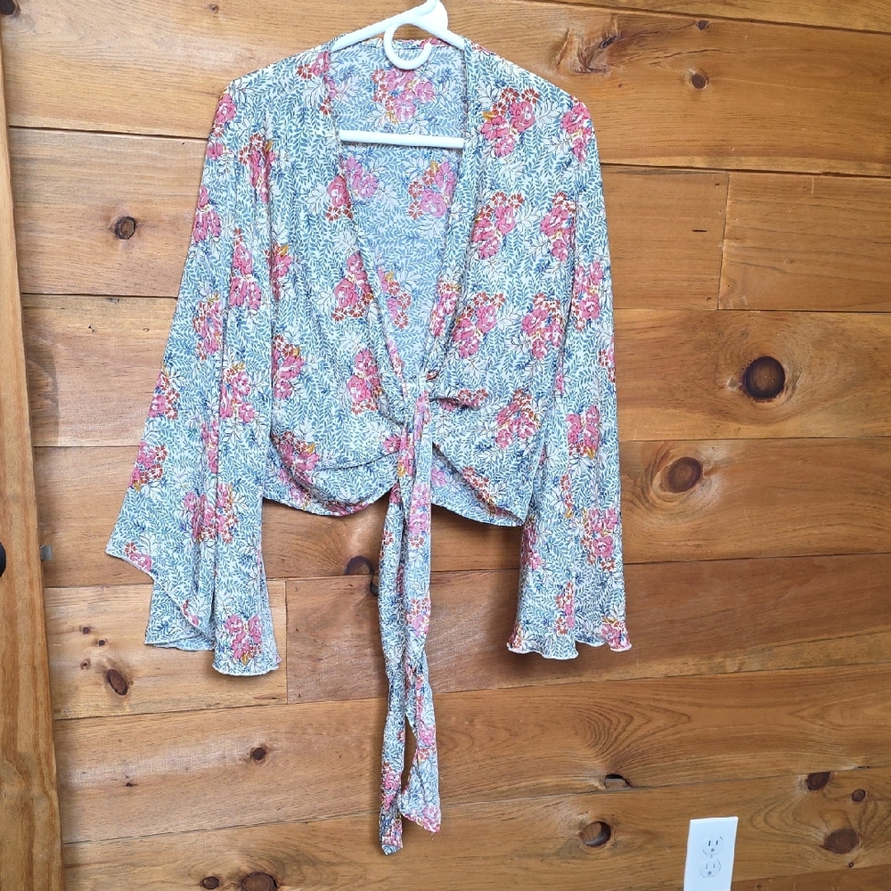 Boho 100% Silk Wrap Top Pink Floral